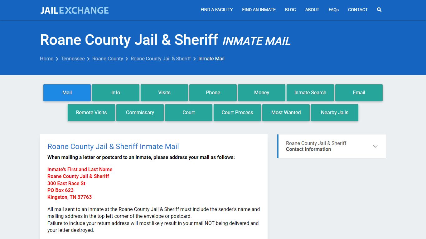 Inmate Mail - Roane County Jail & Sheriff, TN - Jail Exchange